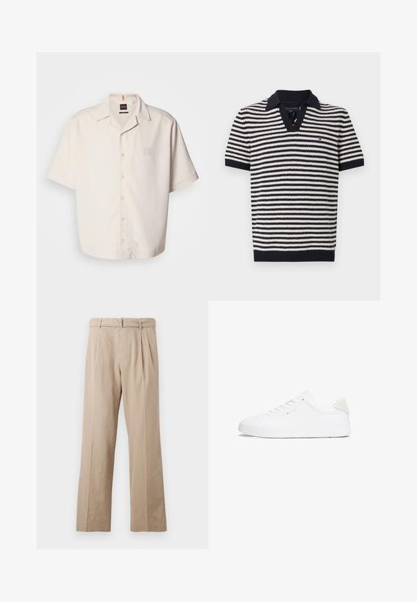 Kremfarget kortermet skjorte med knapper, laget av glatt stoff, med en liten firkantet logo-lomme og en klassisk kragedesign.; Stripet kortermet polo skjorte i marineblå og krem, med V-hals, ribbet krage og logo-detall på brystet. Teksturt strikket stoff.; Beige, vide bukser laget av en glatt bomullsblanding, med frontfolder, en sydd linning og et metallspennebelte.; Hvite sneakers med en glatt lær-overdel, rund tå, flat såle og minimalistisk design. Har diskret merkevare og en beige aksent ved hælen.
