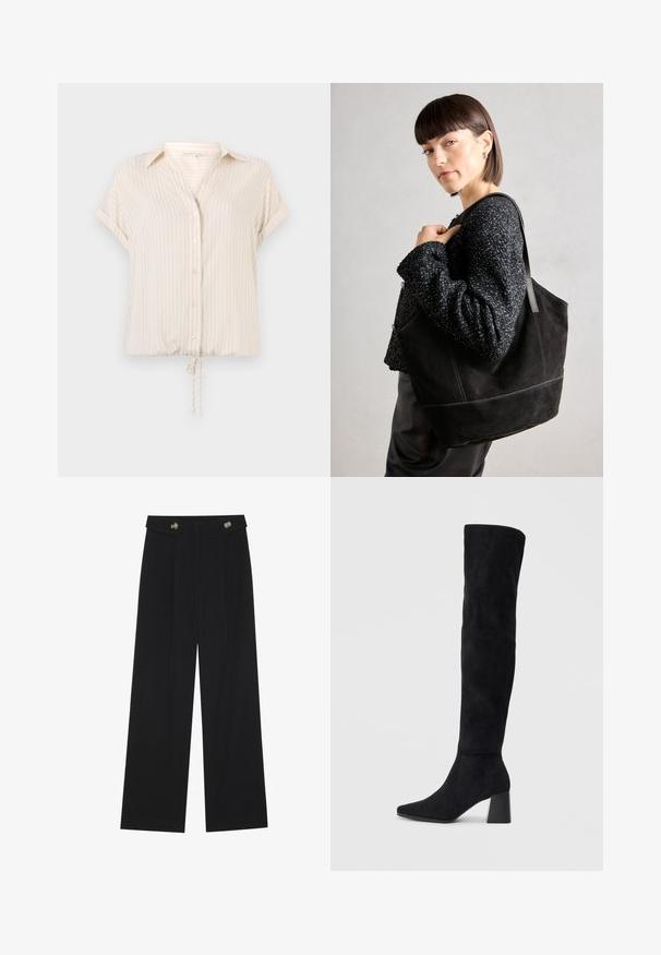 Kratke rokave, bluzica z gumbi v kremni barvi z svetlo bež navpičnimi črtami. Ima spodnji rob na vrvico in gladko teksturo tkanine.; Črne široke hlače s visokim pasom, gumbnimi detajli na pasu in sprednjimi gubami.; Črne semiš škornje do kolen z blok peto, s koničastim nosom in gladkim, brezšivnim dizajnom na enostavni svetli podlagi.; Črna semiš torbica z gladko teksturo, strukturirano obliko in kontrastnim šivanjem. Ima dolge naramnice za nošenje na rami.