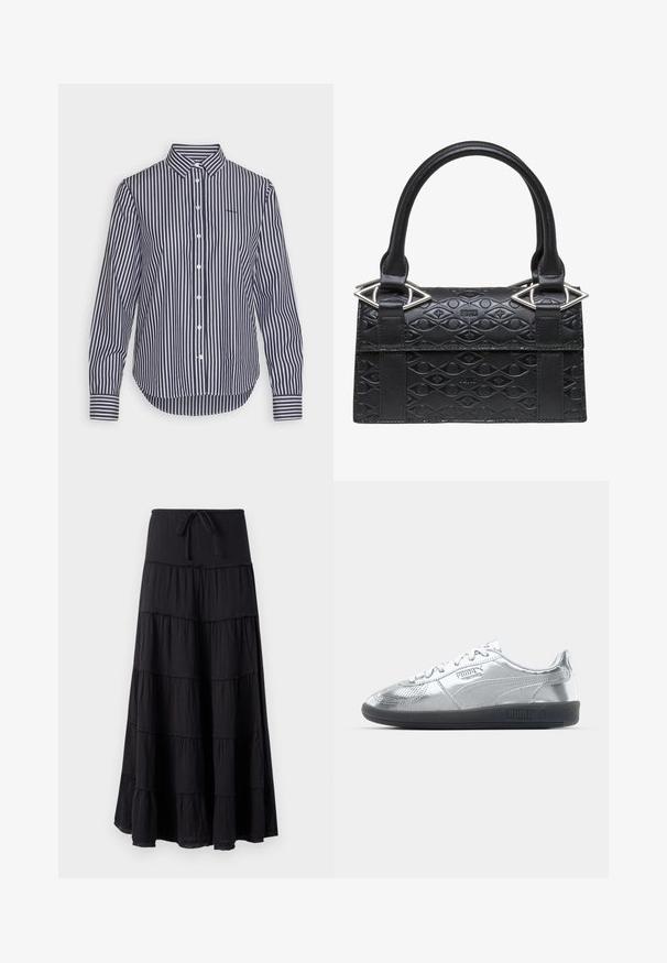 Cămașă lungă cu mâneci, cu dungi albastre și albe, cu guler clasic, închidere cu nasturi și detalii contrastante la manșete. Material moale cu o textură netedă.; Fustă maxi neagră, cu volane, având un elastic cu șnur în talie, caracterizată de un design fluid și de un material texturat.; Adidași argintii cu un superior neted și reflectorizant, având talpă din cauciuc negru și un design clasic cu șireturi. Logo-ul Puma pe lateral.; Geantă de piele neagră cu un model de ochi embosat, formă structurată, două mâneri superioare și accente metalice în formă de ochi.