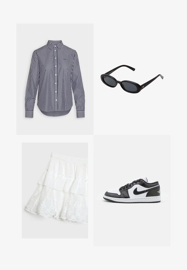 Navy and white striped long-sleeve shirt with a classic collar, button closure, and contrasting cuff detail. Soft fabric with a smooth texture.; White tiered skirt made of lightweight fabric, featuring a ruffled design and floral lace trim at the hem. Elastic waistband.; Black and white Nike low-top sneakers feature a smooth leather upper, round toe, lace-up closure, and a patterned rubber outsole.; Black oversized sunglasses with oval lenses, smooth plastic frame, and gold accents on temple. Dark lenses provide sun protection.