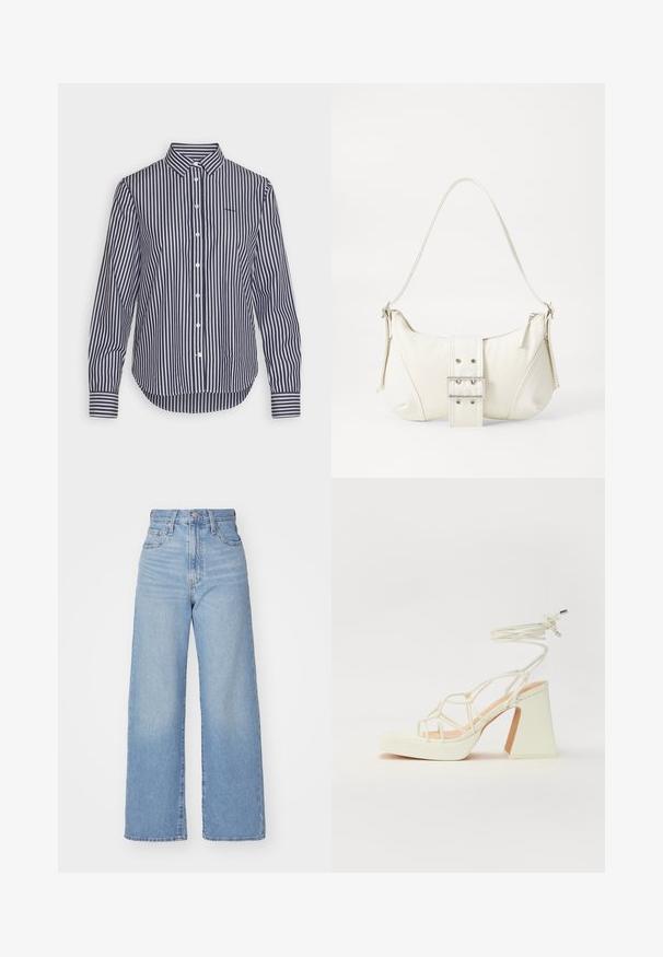 Camicia a righe navy e bianca a maniche lunghe con colletto classico, chiusura a bottoni e dettagli a contrasto nei polsini. Tessuto morbido con una consistenza liscia.; Jeans a vita alta blu chiaro con gamba larga, chiusura frontale con bottone e zip, tasche anteriori e posteriori, su uno sfondo bianco.; Sandalo bianco con tacco alto, caratterizzato da un design a cinturini e un legaccio alla caviglia. Texture liscia con una piattaforma frontale per un'altezza aggiuntiva.; Borsa a spalla bianca con una finitura testurizzata, un accentuato fermaglio centrale e una forma curva. Chiusure a cerniera su entrambi i lati.