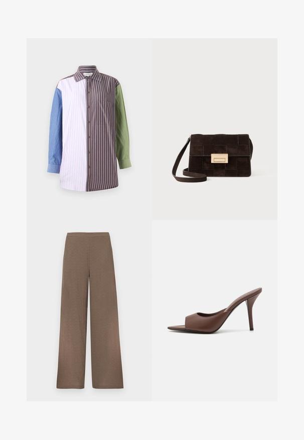 Gestreiftes Hemd mit Knopf-Design, bestehend aus Abschnitten in Blau, Pink, Braun und Grün. Enthält eine Brusttasche und einen Kragen.; Braune Hosen mit weitem Bein, flachem Bund, ohne sichtbare Taschen oder Verschlüsse, auf weißem Hintergrund dargestellt.; Braune Leder-Open-Toe-Hochhackige Mules mit einem eleganten Design, das einen breiten Vorderriemen und einen schlanken Stiletto-Absatz aufweist.; Braune Wildlederhandtasche mit einem gesteppten Design, rechteckiger Form, goldfarbener Hardware und einem verstellbaren Schultergurt.; Ein Paar unregelmäßige, oval geformte Ohrringe aus goldfarbenem Metall mit einer strukturierten, leicht gehämmerten Oberfläche auf weißem Hintergrund.