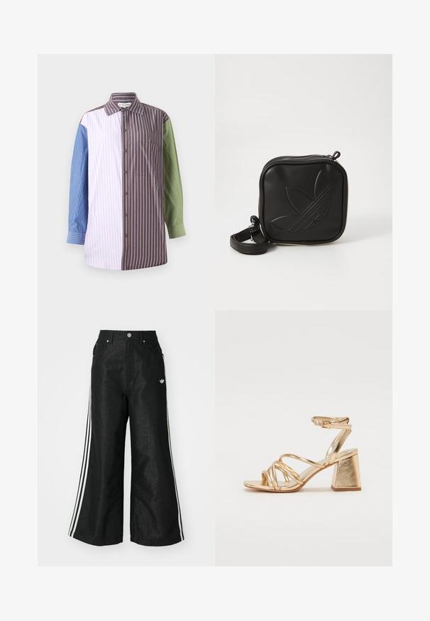 Maglietta a righe con design a bottoni, caratterizzata da sezioni in blu, rosa, marrone e verde. Include una tasca sul petto e colletto.; Pantaloni in denim neri a gamba larga con tre strisce bianche su ciascun lato e un piccolo logo bianco. Presentano tasche frontali e chiusura con bottone.; Sandali con tacco oro metallici caratterizzati da un design a strisce, tacco quadrato e cinturino regolabile alla caviglia con fibbia. Texture liscia.; Borsa a tracolla nera realizzata in materiale sintetico testurizzato. Presenta un design con logo inciso e una tracolla regolabile. Chiusura con zip.
