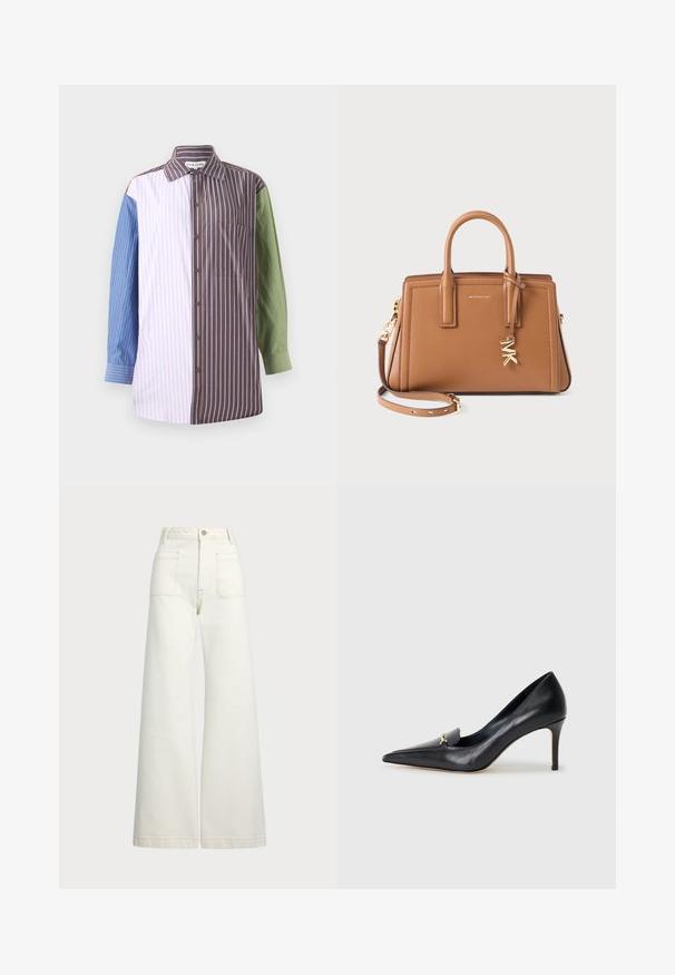 Maglietta a righe con design a bottoni, caratterizzata da sezioni in blu, rosa, marrone e verde. Include una tasca sul petto e colletto.; Jeans a gamba larga in denim bianco sporco. Design a vita alta con chiusura a bottone, due tasche frontali e dettagli di cucitura a contrasto.; Décolleté in pelle nera con punta affusolata, scollatura bassa e un accento decorativo dorato. Presenta un tacco a stiletto e una superficie liscia.; Borsa a mano in pelle marrone con doppi manici, tracolla removibile, charm "MK" color oro e logo Michael Kors sulla parte anteriore.