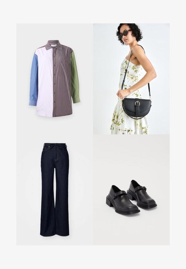 Stribet skjorte med knaplukning, der har sektioner i blå, lyserød, brun og grøn. Indeholder en brystlomme og krave.; Mørkeblå brede bukser lavet af denim, med høj talje, forlommer og en bindebåndslukning i taljen.; Sorte lædersko med rund tå, flad sål og en rem med spænde detaljer. Chunky blokhæl for øget stabilitet.; Sort læderhåndtaske med en buet form, aftagelig rem og guldfinish. Tasken har en klap med en spænde detalje.