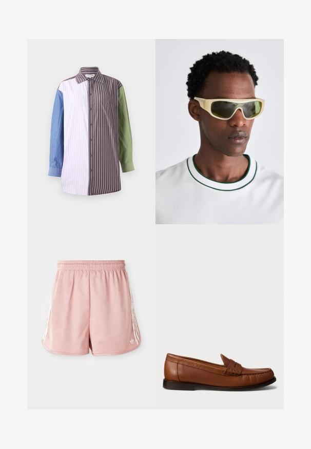 Striped shirt with a button-up design, featuring sections in blue, pink, brown, and green. Includes a chest pocket and collar.; Pink athletic shorts with an elastic waistband, side white stripe detailing, and a small logo on the lower left front. Smooth fabric texture.; Polo Ralph Lauren Moccasins - dark brown; Sunglasses with a translucent yellow frame and green-tinted lenses. Angular design with wide temples, worn with a white shirt featuring green accents.; Yellow leather hobo bag with a curved handle, soft texture, and subtle seam detailing on the front, offering a spacious design.