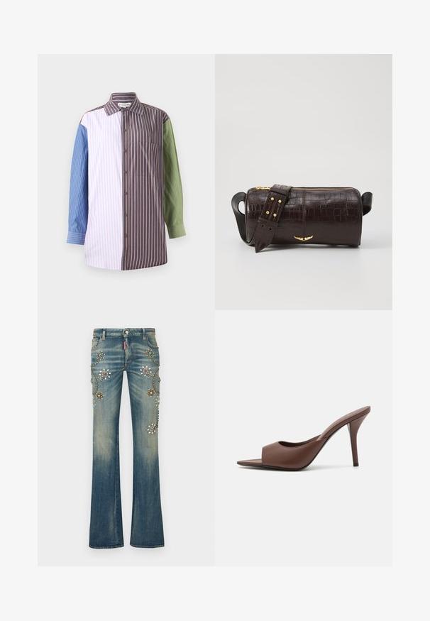 Gestreiftes Hemd mit Knopf-Design, bestehend aus Abschnitten in Blau, Pink, Braun und Grün. Enthält eine Brusttasche und einen Kragen.; Ausgestellte blaue Jeans aus Denim mit floralen Verzierungen in verschiedenen Farben, versehen mit Nieten und Pailletten, die ein dekoratives Muster bilden.; Braune Leder-Open-Toe-Hochhackige Mules mit einem eleganten Design, das einen breiten Vorderriemen und einen schlanken Stiletto-Absatz aufweist.; Braune, krokodilgeprägte Lederhandtasche mit zylindrischer Form, goldfarbener Hardware und einem abnehmbaren Tragegurt mit Nieten.