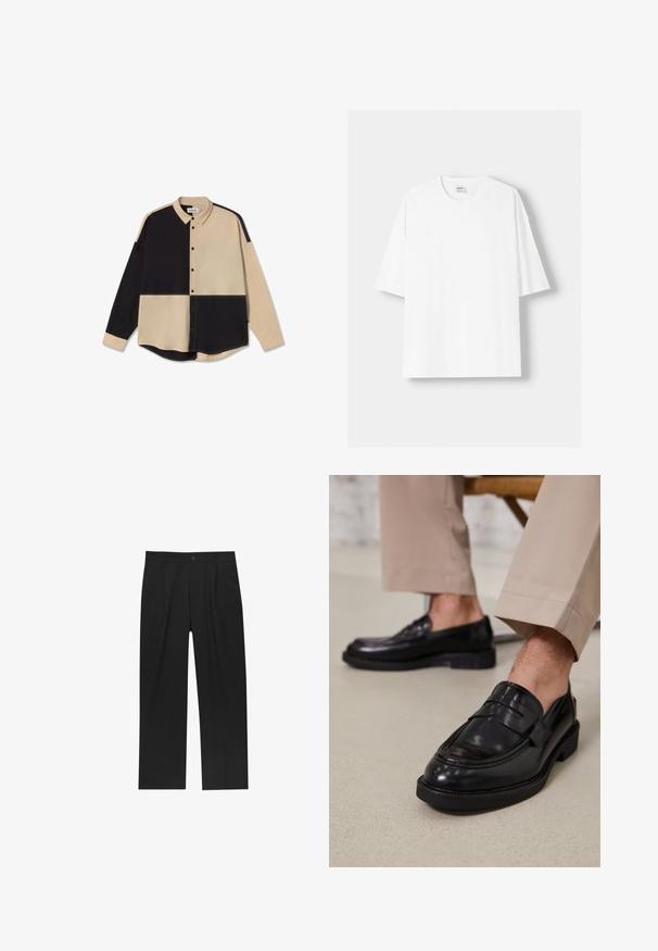 Overhemd met knoopsluiting en een patchwork ontwerp, met beige en zwarte secties, lange mouwen en een puntige kraag. Glad textuur met knopen.; Witte t-shirt met korte mouwen, gemaakt van katoen, met een ronde halslijn en een relaxte pasvorm. Gladde textuur, zonder zichtbare patronen of accenten.; Zwarte broeken met een recht model, gemaakt van een gladde stof. Voorzien van een voorplooien en een enkele knoopsluiting bij de taille.; Zwarte leren loafers met een gladde afwerking, voorzien van een decoratieve band en contrasterende stiksels, gecombineerd met beige broeken.