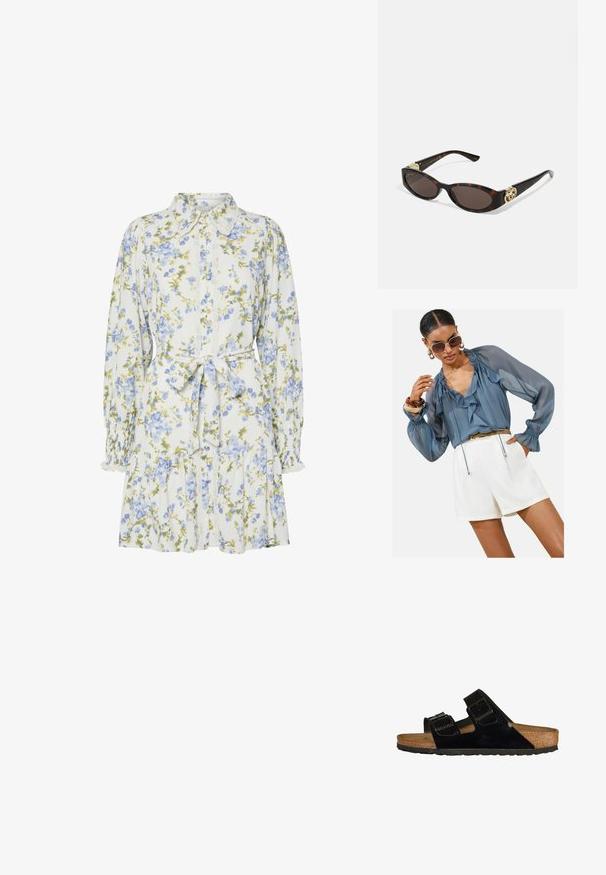 Blusa sheer azul claro con volantes, mangas largas abullonadas y detalle de cordón, combinada con pantalones cortos blancos. Accesorios incluyen gafas de sol grandes y pulseras.; Vestido floral en blanco con flores azules y verdes, con cuello, cierre frontal de botones, mangas largas con puños elásticos y cinturón a la cintura.; Sandalias de charol negro con dos correas ajustables, plantilla de corcho y suela de goma, que presentan una textura suave y un diseño minimalista.; Gafas de sol carey con lentes ovalados alargados, tintado marrón, acentos de logo dorado en las patillas y brazos negros elegantes.; Bolso de mano beige con un patrón y forma curva, acentos de cuero y un logo tono dorado en la parte frontal. Cuenta con un asa corta para un fácil transporte.; Collar de perlas y cristales con un diseño redondo y abalorado en tonos suaves, que presenta perlas alternadas y acentos brillantes, llevado alrededor del cuello.