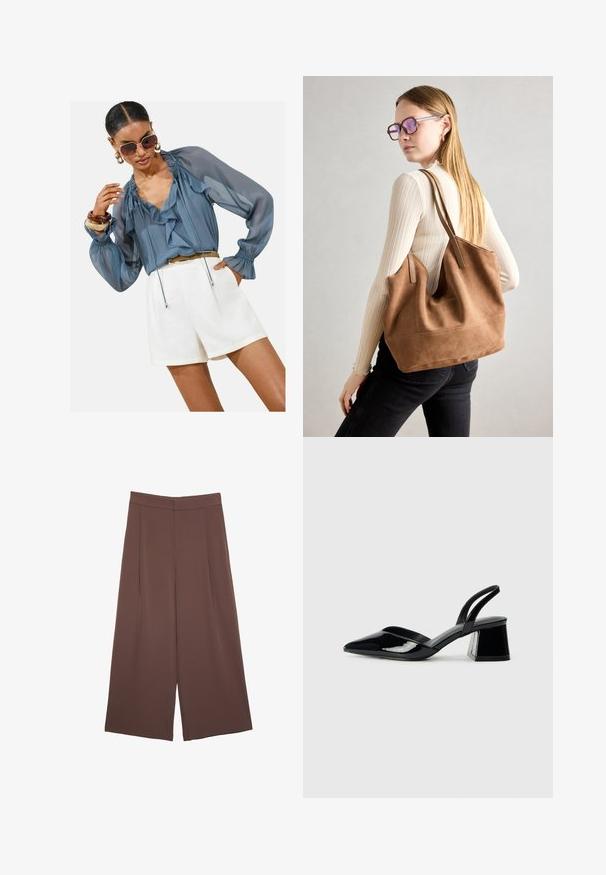 Blouse légère bleu ciel en voile avec des volants, manches longues à bouffant et détails à cordon, associée à un short blanc. Les accessoires comprennent de grandes lunettes de soleil et des bracelets.; Pantalons larges marron avec une texture lisse, dotés d'une taille haute et de plis à l'avant. Le tissu est léger et tombe de manière fluide.; Escarpins en cuir verni noir avec bout pointu et talon bloc géométrique. Présente un design élégant et minimaliste ainsi qu'une texture lisse.; Sac fourre-tout en daim marron avec une texture douce, grande ouverture et longues sangles. Présente un design simple avec des coutures visibles et sans matériel.