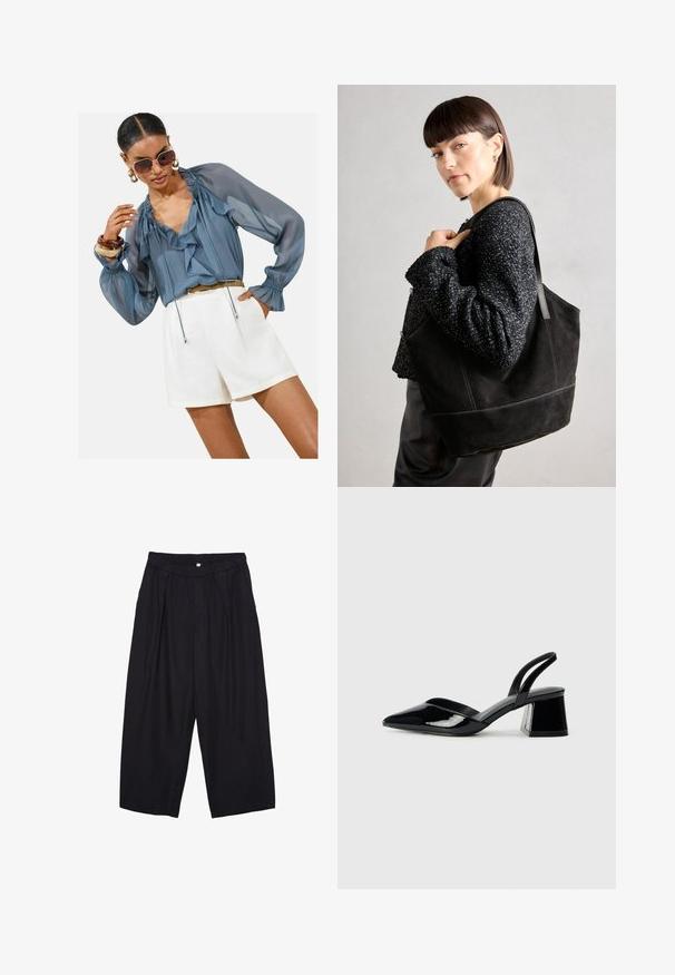 Light blue sheer blouse with ruffles, long puff sleeves, and drawstring detail, paired with white shorts. Accessories include large sunglasses and bangles.; Black polyester culotte pants with an elastic waistband, two front pleats, and a loose silhouette. No visible patterns or hardware details.; Black patent leather slingback heels with a pointed toe and a geometric block heel. Features a sleek, minimal design and smooth texture.; Black suede tote bag with a smooth texture, structured shape, and contrasting stitching. Features long straps for shoulder carry.