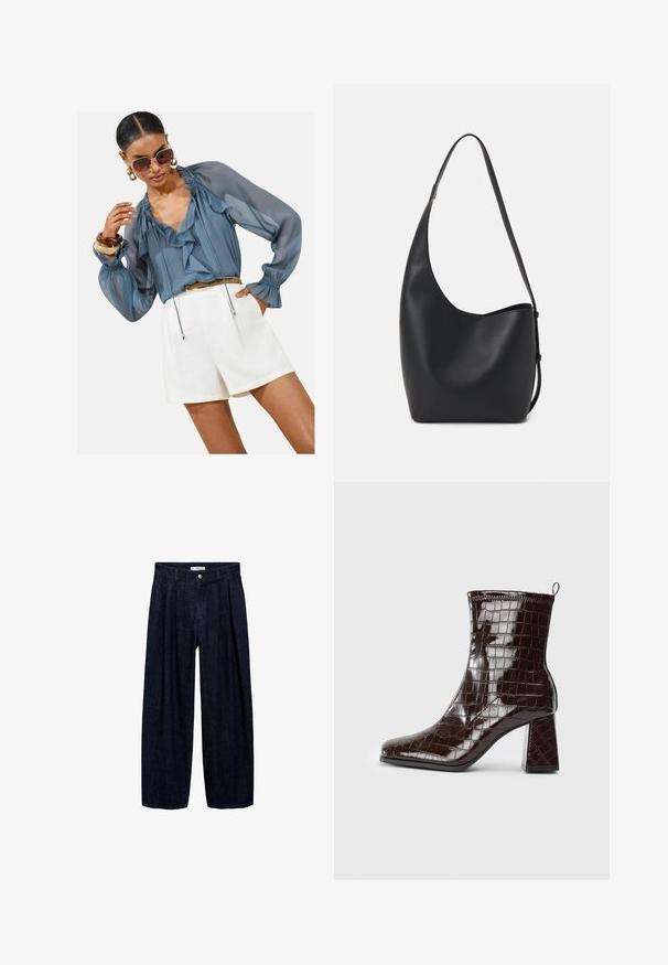 Svetlo modra prozorna bluzica z naborki, dolgi pufasti rokavi in detajl s črto, v kombinaciji z belimi kratkimi hlačami. Dodatki vključujejo velike sončna očala in zapestnice.; Temne traper hlače širokega kroja z naborki na pasu, z sprednjim gumbom in zankami za pas. Gladka tekstura in dolga zasnova.; Temno rjava lakirana gležnjarica s teksturo krokodila, blok peto in zanko na zadnji strani, postavljena na belo ozadje.; Črna usnjena hobo torba z gladko teksturo, ukrivljeno obliko in eno nastavljivo naramnico; ima širok odprtina na vrhu.