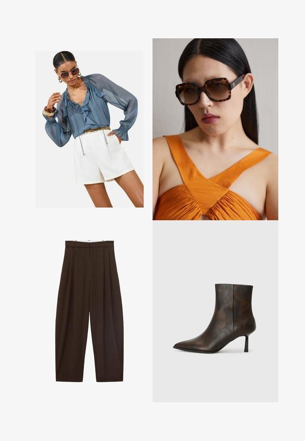 Blusa trasparente azzurra chiara con rouches, maniche a sbuffo lunghe e dettaglio con cordoncino, abbinata a pantaloncini bianchi. Gli accessori includono occhiali da sole grandi e bracciali.; Pantaloni marroni a vita alta con pieghe, realizzati in tessuto morbido. Vestibilità ampia, design a gamba dritta, dotati di passanti per cintura e chiusura con zip.; Stivale alla caviglia in pelle marrone con punta affusolata, design elegante e tacco sottile nero. Superficie strutturata con un motivo sottile.; Occhiali da sole oversize in tartaruga marrone con una ampia montatura rettangolare e lenti sfumate. Dettaglio del logo in oro sul lato.; Borsa a tracolla in suede marrone con una lunga cinghia in pelle, accessori in argento, forma rettangolare e un pattina piatta con un abbellimento centrale.