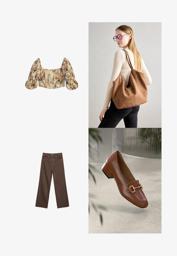 Twist Bluse - white; Weite braune Jeans aus Denim, mit hoher Taille, Fronttaschen und klassischem Knopfverschluss. Glatte Textur mit feinen Nähten.; Braune Lackleder-Loafer mit quadratischer Zehenpartie, metallischem Kettenakzent und niedrigem Blockabsatz; glatte Textur, minimalistisches Design.; Braune Wildleder-Tasche mit weicher Textur, großer Öffnung und langen Trägern. Sie verfügt über ein simples Design mit sichtbarem Stich und ohne Beschläge.