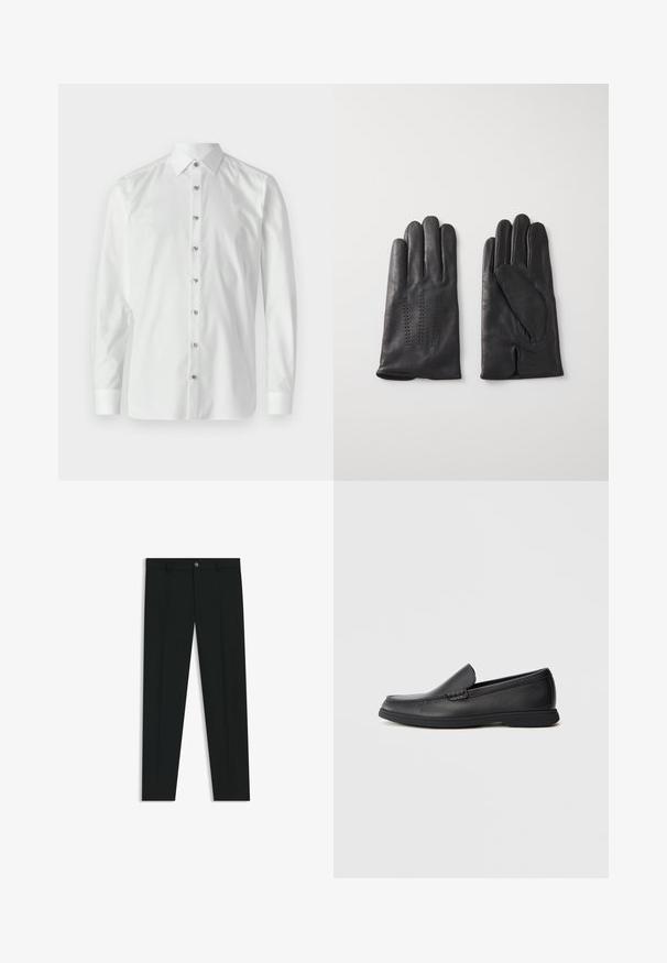 Chemise blanche à manches longues en tissu lisse avec un col pointu. Elle dispose d'un plastron à boutons complet avec des boutons métalliques et des poignets boutonnés.; Pantalons noirs avec une coupe droite, fabriqués en tissu lisse. Présente une fermeture éclair à l'avant et des passants de ceinture. Unis sans motifs.; Mocassin noir en cuir à enfiler avec un dessus texturé, bout rond, talon bas et semelle en caoutchouc, présenté en profil latéral sur fond blanc.; Gants en cuir noir à cinq doigts, avec des coutures décoratives. L'intérieur est doublé d'un tissu doux et présente un design avec un doigt index ouvert.