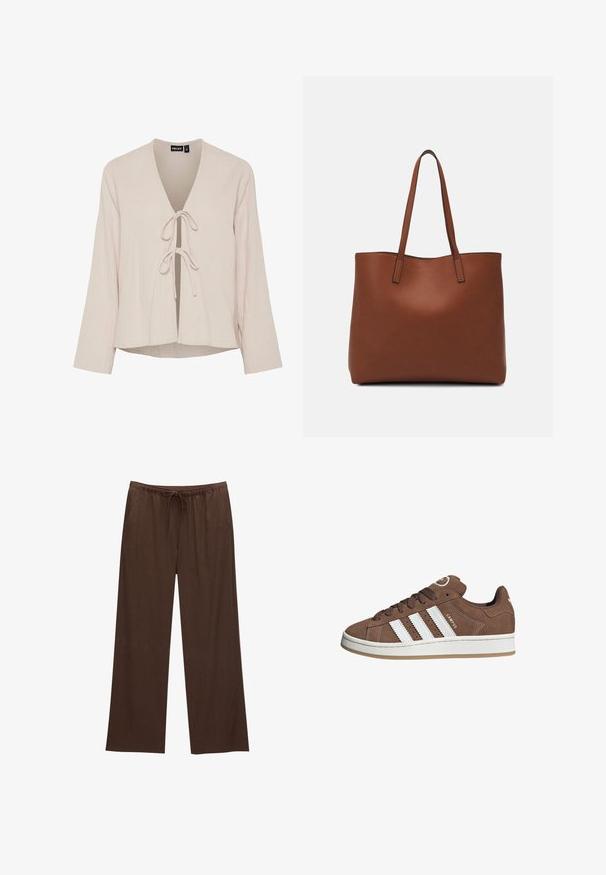 Helles beiges Bluse mit tiefem V-Ausschnitt, langen Ärmeln und vorderem Bindeschluss. Hergestellt aus strukturiertem, weichem Stoff mit lässiger Passform.; Braune weite Hosen aus weichem Stoff, mit einem elastischen Bund und Kordelzug sowie zwei Seitentaschen.; Braune Wildledersneaker mit weißen Lederstreifen, Gummisohle, gerundetem Zehenbereich und Schnürung. Mit einem Logo auf der Zunge und perforierten Akzenten.; Braune Leder-Tote mit glatter Textur, offenem Oberteil und zwei Schulterriemen. Verfügt über minimale Nähte und keine sichtbaren Beschläge.