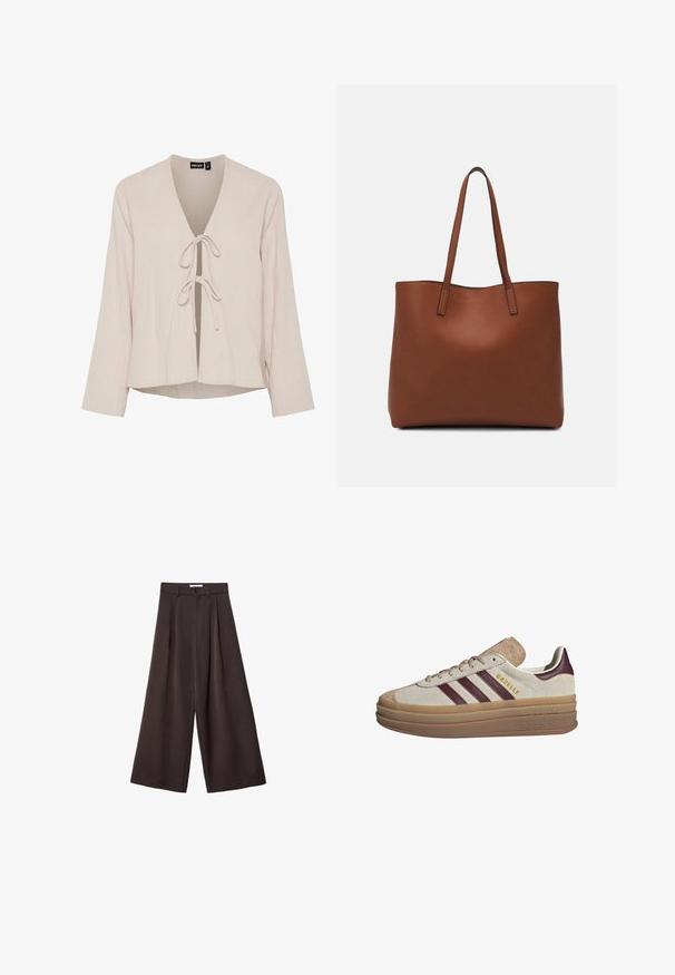 Svetlo béžová blúzka s hlbokým výstrihom do V, dlhými rukávmi a uzáverom na zaviazanie vpredu. Vyrobená z texturovanej, mäkkej látky s voľným strihom.; Čierne široké nohavice s vysokým pásom, so záhybmi vpredu a zapínaním na gombík v páse, vyrobené z hladkého materiálu.; Béžové semišové tenisky s vínovými pruhmi, bielymi akcentmi, masívnou priehľadnou podrážkou a vystúpeným logom na boku. Šnurovací dizajn.; Hnedá kožená taška na rameno s hladkou textúrou, otvoreným vrchom a dvoma ramenými popruhmi. Má minimálne šitia a žiadne viditeľné kovania.