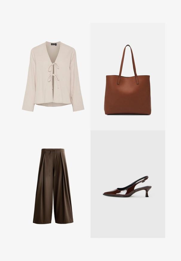 Light beige blouse with a deep V-neck, long sleeves, and front tie closure. Made from textured, soft fabric with a relaxed fit.; Brown wide-leg trousers made of a textured fabric, featuring a drawstring waistband and front pleats.; Brown patent leather slingback shoe with a pointed toe and a moderate heel. Features a buckle strap for secure fit. Smooth texture.; Brown leather tote bag with a smooth texture, open top design, and two shoulder straps. Features minimal stitching and no visible hardware.