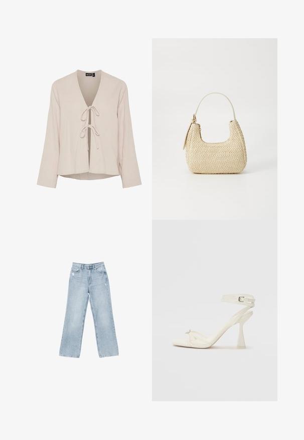 Ljusbeige blus med djup V-ringning, långa ärmar och framknutning. Tillverkad av strukturerad, mjuk tyg med en avslappnad passform.; Ljust blå denimjeans med vid benmodell, slitna detaljer, femfickorsdesign och dragkedjestängning.; Remmar högklackad sandal i vitt läder med en elegant design, en genomskinlig blockklack och en dekorativ detalj vid tån.; Vävd halmhandväska i beige med en kurvad form, ett kort handtag och en sidoglid. Har en texturerad yta och minimalistisk design.
