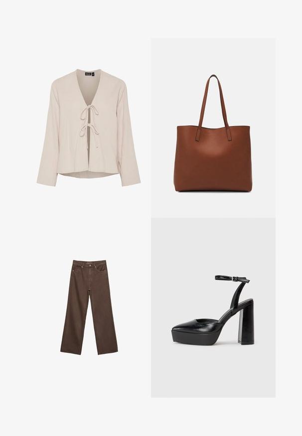 Blusa beige chiaro con scollatura a V profonda, maniche lunghe e chiusura con nodo frontale. Realizzata in un tessuto morbido e testurizzato con una vestibilità rilassata.; Jeans a gamba larga marroni in denim, con vita alta, tasche anteriori e chiusura a bottone classica. Tessuto liscio con cuciture sottili.; Tacchi a piattaforma neri con punta appuntita e cinturino regolabile alla caviglia. Realizzati in pelle liscia, presentano un tacco a blocco spesso.; Borsa tote in pelle marrone con texture liscia, design con apertura superiore e due spallacci. Presenta cuciture minime e nessun hardware visibile.