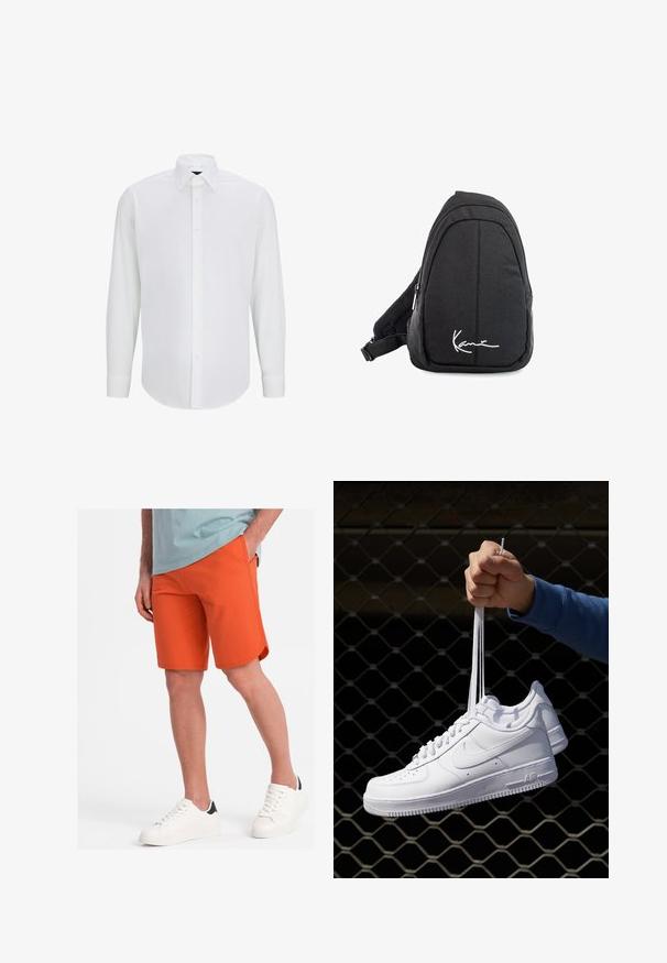 Camicia bianca a maniche lunghe realizzata in tessuto liscio, con colletto standard, chiusura frontale a bottoni e orlo arrotondato. Senza motivi o dettagli visibili.; Shorts arancioni realizzati in tessuto morbido con una texture liscia, dotati di tasche laterali e orlo curvo, abbinati a sneakers bianche.; Sneakers in pelle bianca con perforazioni, punta rotonda, suola piatta e lacci spessi, con logo swoosh visibile e "AIR" sul tallone.; Zaino a tracolla in tessuto nero con una superficie liscia, caratterizzato da un design curvo, scomparto con zip e un logo bianco sul davanti.