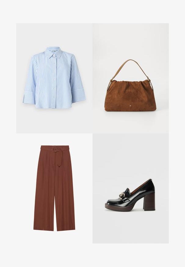 TOM TAILOR MODERN SHAPE STRIPED - Overhemdblouse - mid blue/white; Brunnen wijduitlopende broeken van stof, met een riem met een vierkante gesp, geplooid ontwerp en een gladde textuur.; Zwarte leren hoge hak loafers met ronde neus, decoratieve zilveren hardware, houten blokhak en een gladde gepolijste afwerking.; Bruine suède handtas met een geplooid ontwerp, voorzien van een enkele tan kleur leren schouderband en een subtiele gouden logo-detail aan de voorkant.