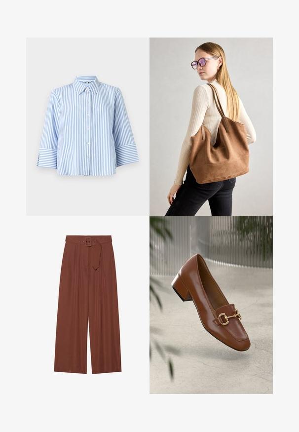 TOM TAILOR MODERN SHAPE STRIPED - Hemdbluse - mid blue/white; Braune Weitbeinehosen aus Stoff, mit einem Gürtel mit eckiger Schnalle, gefältetem Design und glatter Textur.; Braune Lackleder-Loafer mit quadratischer Zehenpartie, metallischem Kettenakzent und niedrigem Blockabsatz; glatte Textur, minimalistisches Design.; Braune Wildleder-Tasche mit weicher Textur, großer Öffnung und langen Trägern. Sie verfügt über ein simples Design mit sichtbarem Stich und ohne Beschläge.