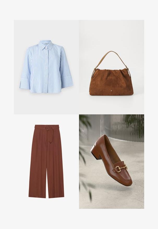 TOM TAILOR MODERN SHAPE STRIPED - Paitapusero - mid blue/white; Valkoiset housut ruskeasta kankaasta, jossa on vyö neliön muotoisella soljella, laskostettu muotoilu ja sileä pinta.; Ruskea kiiltävä nahkaloaferi neliönmuotoisella varpaalla, metalliketjuaktsentilla ja matalalla tukijalalla; sileä rakenne, minimalistinen muotoilu.; Ruskea nukkaohut laukku, jossa on poimittu muotoilu, ja siinä on yksittäinen vaaleanruskea nahkahihna sekä hillitty kultainen logo etuosassa.