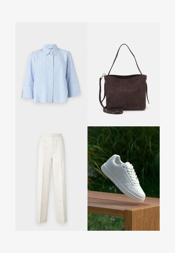 TOM TAILOR MODERN SHAPE STRIPED - Pogājama blūze - mid blue/white; Krēma krāsas bikses ar pielāgotu piegriezumu, ar taisnu nogriezumu, gludu audumu, priekšējo krokām un tīru apdari. Minimalistisks dizains.; Baltie sporta apavi ar gludu sintētisku augšpusi, perforētu pirkstu daļu, plakani šņorēm un rakstainu zoli, novietoti uz koka virsmas.; Brūns zamšādas roku soma ar mīkstu tekstūru, aprīkota ar vienu plecu siksnu un nelielu izliekta augšējā atvēruma dizainu. Nav redzamu metāla detaļu.