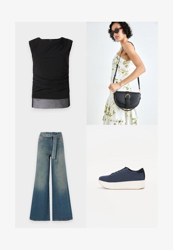 Fekete ujjatlan felső rugalmas anyagból, összegyűrt oldalakkal, csónaknyakkal és áttetsző alsó szegéllyel.; Bőszárú farmernadrág, világos és sötétkék árnyalatokkal, magas derekú, övgyűrűkkel és a nadrággal megegyező anyagú övvel. Textúrált farmer kivitel.; Sötétkék sportcipő, texturált szövet felsőrész, fehér platform talp, lekerekített orr és fekete sarok akcentussal. Hat fűzőlyuk található rajta.; Fekete bőrtáska ívelt formával, levehető pánttal és arany színű fémrészekkel. A táskán egy csattal díszített fedél található.