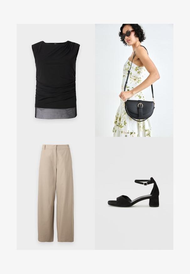 Top preto sem mangas feito de tecido elástico, apresentando laterais franzidas, decote barco e uma bainha inferior transparente.; Calças largas beiges feitas de algodão. Apresentam frente lisa, dois bolsos laterais e uma textura suave. Design simples e funcional.; Sandálias de salto alto em camurça preta com uma fina tira no tornozelo, design de ponta aberta e um salto bloco discreto. Textura suave e acentos mínimos.; Bolsa de couro preta com forma curva, alça destacável e detalhes em dourado. A bolsa possui uma aba com detalhe de fivela.