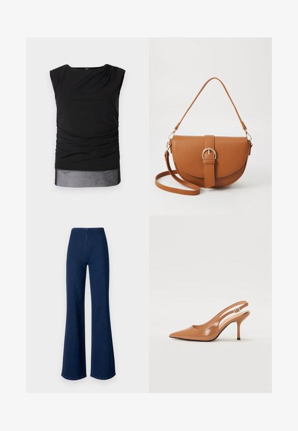 Črna brezrokavnik iz raztegljive tkanine, z nabranimi stranicami, čolnskim izrezom in prosojnim spodnjim robom.; Temno modri traper hlače s širokimi nogavicami in elastičnim pasom. Imajo gladko teksturo in širok kroj, ki se razširi do roba.; Slinčaste pete z ostro konico v gladkem, sijočem bež materialu. Imajo ukrivljen rez in vitko stiletto peto. Podrobnost s srebrno zaponko.; Rjava usnjena torbica prek telesa s ukrivljeno obliko, zlate opreme in sponko. Ima odstranljiv naramni trak.