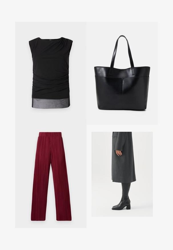 Czarny bezrękawnik wykonany z elastycznego materiału, z marszczonymi bokami, wąskim dekoltem i przezroczystym dolnym wykończeniem.; Bordowe, plisowane spodnie z szerokimi nogawkami i elastycznym pasem. Teksturowana tkanina z pionowymi paskami. Prosty krój do wykończenia.; Szary, dopasowany płaszcz o prostym kroju; zestawiony z czarnymi skórzanymi kozakami do kolan z kwadratowym noskiem i grubym obcasem.; Czarna skórzana torba na ramię z dwoma długimi uchwytami, gładką teksturą i sztywną formą. Posiada przednią kieszeń dla dodatkowego przechowywania.