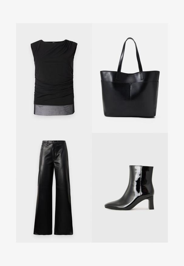 Svart ärmlös topp i stretchig tyg, med rynkade sidor, båtformad halsringning och en genomskinlig nedre fåll.; Svarta högmidjade vida byxor i konstläder med framknapp, dragkedjestängning, bältesöglor och sidofickor på vit bakgrund.; Svart lackläder ankelboot med spetsig tå och en medelhög klack. Slät textur och minimalistisk design.; Svart läder tote-väska med två långa handtag, en slät yta och en strukturerad form. Har en framficka för extra förvaring.