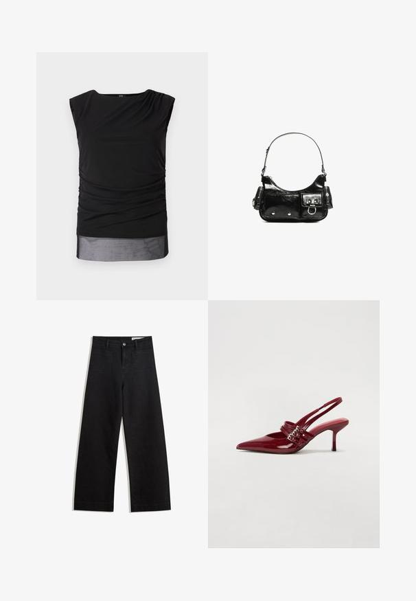 Top negru fără mâneci, realizat dintr-un material elastic, cu laterale pliate, decolteu tip barcă și o linie de tiv inferioară transparentă.; Pantaloni din denim negri cu picioare largi, cu talie înaltă, având buzunare frontale și posterioare, cusături dublate și închidere cu nasture. Textură netedă.; Pantofi cu toc slingback din piele roșie lacuită, cu vârf ascutit, două curele cu cataramă și un toc subțire, de înălțime medie. Textură netedă.; Geantă de mână din piele lăcuită neagră, cu o formă curbată, un umăr, buzunare frontale și accente din metal argintiu.