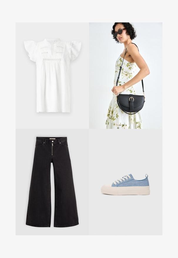 Blusa branca de manga curta com decote em V, textura franzida e detalhes em rendas horizontais ao longo do corpo. Fabricada em algodão macio.; Calças de ganga de perna larga em denim preto com fecho éclair à frente, design de cinco bolsos e detalhes de costura subtil. Textura suave e estilo casual.; Ténis de lona azul claro com uma biqueira e sola de borracha creme, apresentando atacadores brancos e uma alça na parte de trás.; Bolsa de couro preta com forma curva, alça destacável e detalhes em dourado. A bolsa possui uma aba com detalhe de fivela.