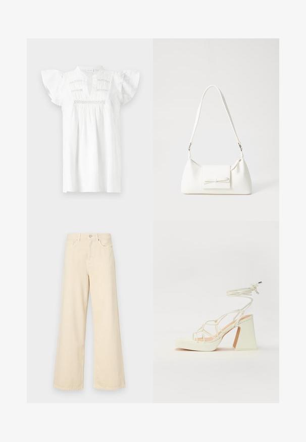 Bijela bluzica kratkih rukava s V-izrezom, nabranom teksturom i horizontalnim čipkastim detaljima duž tijela. Mekani pamučni materijal.; Bež traperice širokih nogavica napravljene od pamuka. Imaju zatvaranje na dugme, petlje za remen i prednje džepove s glatkom, mekanom teksturom.; Bijela sandala na visokoj potpetici s debelim petom, s remenom i vezanjem oko gležnja. Glatka tekstura s platformom sprijeda za dodatnu visinu.; Bijela sintetička torbica s trokutastim oblikom, ravnim prednjim poklopcem i detaljem u obliku mašne, podesivom remenom, glatkom teksturom i minimalističkim dizajnom.