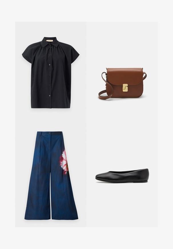 Schwarze Kurzarmbluse mit Knopfleiste, klassischem Kragen und gerafften Details am Ausschnitt. Weicher, glatter Stoff.; Weite Hosen aus dunkelblauem Stoff mit einem floralen Muster in Rosa und Gelb auf einer Seite und einem Knopfverschluss an der Taille.; Paul Smith TOPANGA - Klassischer Ballerina - black; Braune Ledertasche mit Klappenverschluss, Beschlägen in Goldfarbe, einem Schultergurt und einer glatten Oberfläche. Kompakte rechteckige Form.