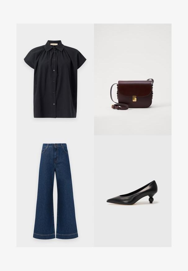 Melnā īsām piedurknēm blūze ar pogu priekšpusi, klasisku apkakli un saplacinātu detaļu pie kakla. Mīksta, gluda auduma tekstūra.; Plati ziladenim bikses ar augstu jostasvietu, kas aprīkotas ar pogas aizdari, jostu cilpām un nelieliem šuvju detalizējumiem ap kabatām un malām.; Melnas ādas augstpapēžu kurpes ar smailu purngalu un apaļu papēdi. Gluda tekstūra ar elegantu, minimālistisku dizainu.; Brūna ādas soma ar atloka aizdari, zelta akcentu aparatūru un regulējamu siksnu. Funkcijas gluda tekstūra un elegants taisnstūra forma.