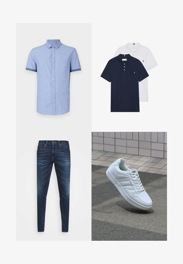 Svetlo modra kratka majica s kratkimi rokavi in gumbastim ovratnikom, ki ima svetlo rjave gumbe in kontrastne temno modre obrobe na rokavih.; Dve polo majice: ena mornarsko modra in ena bela, obe z majhnim rdečim, belim in modrim poudarjanjem na žepu in ovratniku.; Temno modri kavbojke ozkega kroja, s subtilnim bledenjem, petimi žepi in kovinskim zapiranjem na gumb. Oštrikanje z akcenti v kontrastni barvi.; Bela atletska teniska obutev z gladkim usnjenim zgornjim delom, vezanjem spredaj, perforiranim prstom in vzorčastim podplatom. Minimalistična zasnova s tremi stranskimi črtami.