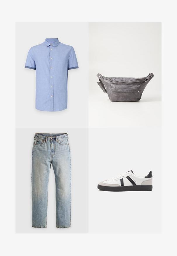 Helles blaues Kurzarmhemd mit Button-Down-Kragen, ausgestattet mit hellbraunen Knöpfen und kontrastierender dunkelblauer Einfassung an den Ärmeln.; Helle blaue Jeans mit hoher Taille, Frontknopf, Reißverschluss und fünf Taschen-Design, flach auf einem neutralen Hintergrund ausgelegt.; Weiße Sneaker mit schwarz- und grau-aczenten, ausgestattet mit einer strukturierten grauen Zehenkappe, schwarzer Gummi-Sohle und flachen weißen Schnürsenkeln. Sauberes Design, minimalistische Stil.; Graue Wildleder-Gürteltasche mit runder Form, zwei mit Reißverschluss verschlossenen Fächern und verstellbarem Trageriemen. Mit metallischen Hardware-Akzenten.