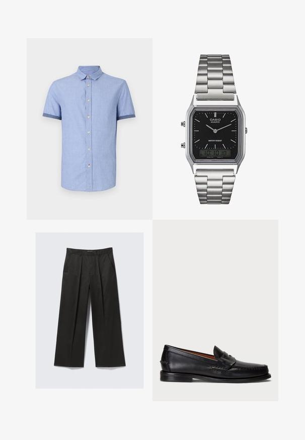 Jasnoniebieska koszula z krótkim rękawem z kołnierzykiem zapinanym na guziki, z jasnobrązowymi guzikami i kontrastowym ciemnoniebieskim wykończeniem rękawów.; Czarne spodnie szerokie w nogawkach o gładkiej fakturze, z dwoma przednimi kieszeniami i lekko podniesionym pasem.; Czarne skórzane mokasyny z okrągłym czubkiem, przeszyciami na detalach oraz ozdobnym paskiem z przodu. Płaska podeszwa o minimalistycznym profilu.; Srebrny zegarek kwarcowy ze stali nierdzewnej z czarną prostokątną tarczą, wyposażony w analogowe wskazówki, wyświetlacz cyfrowy oraz oznaczenie odporności na wodę.