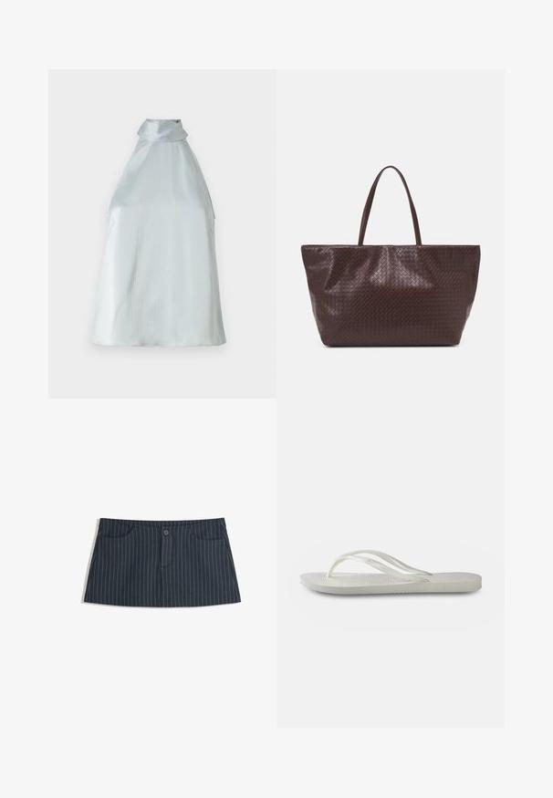 Srebrna bezrukavna majica s visokim ovratnikom, lagano teksturirana tkanina i opušteni kroj. Ima bočne otvore za lako kretanje.; Tamno plava suknja mini s prugicama, s prednjim džepovima i jednim dugmetom za zatvaranje u struku.; Bijele japanke s teksturiranom podlogom, s tankim trakama i ravnim dizajnom. Izrađene od gume s suptilnim logotipom na unutrašnjosti.; Smeđa kožna torba od tkanih traka s dva rukohvata, strukturiranim oblikom i teksturiranom površinom, koja sadrži dijamantni uzorak kroz cijelu torbu.; Zlatne kružne naušnice imaju glatki, zaobljeni dizajn s poliranim završetkom. Imaju kopču s šarkom za jednostavno nošenje.