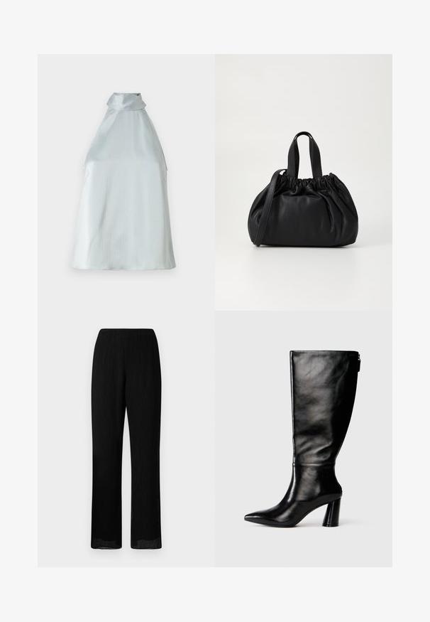 Hopea hihaton paita, jossa on korkea kaulus, kevyesti teksturoitu kangas ja rento istuvuus. Sivupuolella on aukkoja liikkumisen helpottamiseksi.; Mustat, leveät housut, joissa on ryppyinen pinta ja joustava vyötärö. Kangas on kevyt ja valuva, ja lahkeet ovat suorat helman suuntaan.; Mustat nahkasaappaat, joissa on terävä kärki, sileä pinta ja paksu korko. Takana on vetoketjuyksityiskohta.; Musta nahkabag, jossa on kerätty yläosa. Varustettu kahdella lyhyellä kantokahvalla ja pitkällä säädettävällä hihnalla. Sileä pinta, pyöreä muoto.