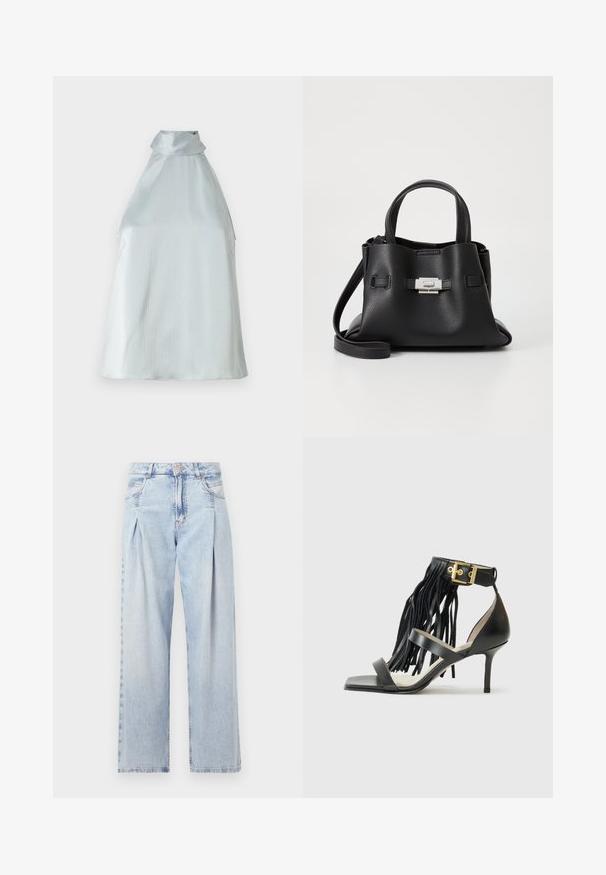 Srebrny bezrękawnik z wysokim kołnierzem, lekko teksturowana tkanina i luźny krój. Posiada wcięcia po bokach, które zapewniają swobodę ruchów.; Jasnoniebieskie dżinsy z wysokim stanem, szerokimi nogawkami, dwoma bocznymi kieszeniami oraz plisowanym wzorem. Miękka tekstura z wyblakłym wykończeniem.; Czarne sandały na wysokim obcasie z frędzlami, pasek na kostkę z złotymi elementami, płaski kwadratowy nos i dwa krzyżujące się paski na wierzchu stopy.; Czarna skórzana torebka z teksturowanym wykończeniem, wyposażona w dwie górne rączki, odczepiany pasek na ramię oraz detal w postaci srebrnego zapięcia.