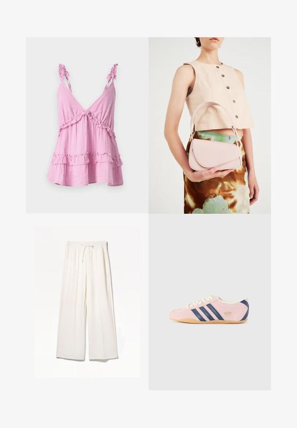 Rózsaszín, ujjatlan felső, puha anyagból, fodros díszítéssel a nyakkivágás és az alj mentén. Lazán eső, réteges kialakítással rendelkezik.; Fehér, széles szárú nadrág, könnyű anyagból készült, gumis derékkal, húzózsinórral és oldalsó zsebekkel, látható minták nélkül.; Világos rózsaszín suédból készült sneaker, tengerészkék csíkokkal és kiegészítőkkel. Világos krémszínű nyelve és fűzője van, gumírozott talppal.; Rózsaszín bőr kézitáska ívelt fedéllel, egyetlen vállpánttal és letisztult vonalakkal. A táska sima textúrával és minimalista dizájnnal rendelkezik.