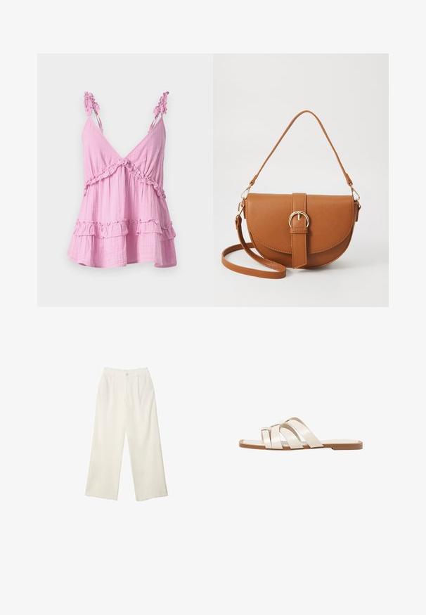 Růžový, bezrukávový top vyrobený z měkké látky se sklady podél výstřihu a lemu. Vyznačuje se uvolněným, vrstveným designem.; Široké kalhoty z krémové látky s hladkým povrchem, s jediným předním knoflíkem, jemnými skladbami a vysokým pasem.; Ploché sandály s hnědou gumovou podrážkou, navržené se třemi překrývajícími se bílými koženými řemínky a malým mašlí uprostřed.; Hnědá kožená křížová taška s zakřiveným tvarem, zlatými detaily a akcentem s přezkou. Obsahuje odnímatelný popruh na rameno.
