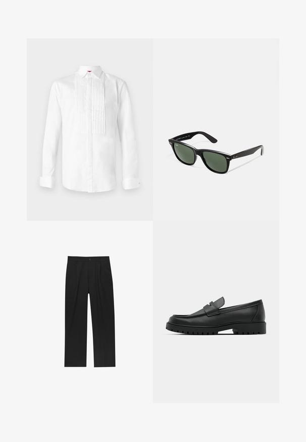 Chemise blanche à manches longues en coton avec un col classique, dotée de plis verticaux à l'avant et de poignets boutonnés.; Pantalons noirs au design droit, fabriqués à partir d'un tissu lisse. Dotés de plis sur le devant et d'une fermeture à un bouton à la taille.; Mocassins en cuir noir à bout arrondi, avec un design cousu, une semelle plateforme basse et une semelle en caoutchouc texturée et crantée.; Lunettes de soleil en plastique noir avec verres verts, monture carrée, accent argenté sur le sourcil et branches texturées. Marque indiquée sur l'intérieur de la branche.