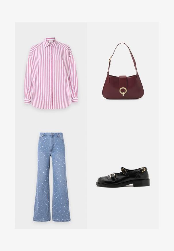 Striped shirt with pink and white vertical lines, long sleeves, classic collar, button-up front, and a curved hem. Cotton material.; Light blue flared jeans featuring a dotted pattern of white and silver studs, with standard waistband and front button closure.; Black leather shoes with brogue detailing, featuring two buckle straps, a rounded toe, and a low heel. Smooth texture with shiny finish.; Burgundy leather handbag with a curved shape, a gold circular hardware accent, and a single shoulder strap. Smooth texture, minimalist design.