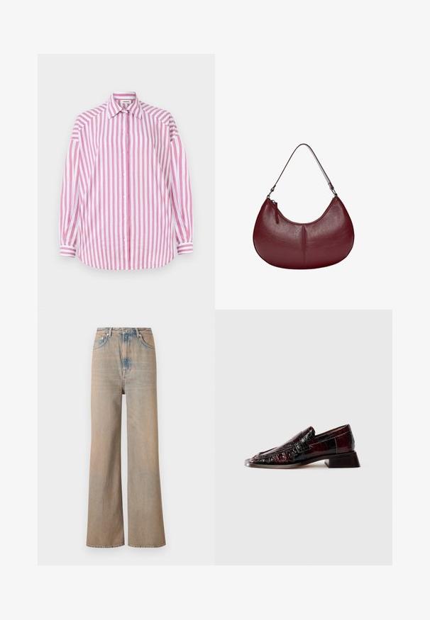 Raidallinen paita, jossa on vaaleanpunaisia ja valkoisia pystysuoria raitoja, pitkät hihat, klassinen kaulus, napitus edessä ja kaareva helma. Puuvillamateriaali.; Vaaleanpesua tehty leveälahkeiset farkut, joissa on korkea vyötärö, valmistettu denimestä. Ominaisuuksia ovat hienovarainen ommel ja viisi taskua, sekä hieman haalistunut pinta.; Tumman viininpunainen patentoitu nahkaloaferi, jossa on teksturoitu pinta, matala lohkare-Korko ja klassinen pennin nauhakuva, kuvattuna sivulta.; Burgundin värinen nahkalaukku, jossa on kaareva muoto. Varustettu yhdellä olkahihnalla ja ylhäältä avautuvalla vetoketjulla, esitellen sileää, tekstuurista pintaa.